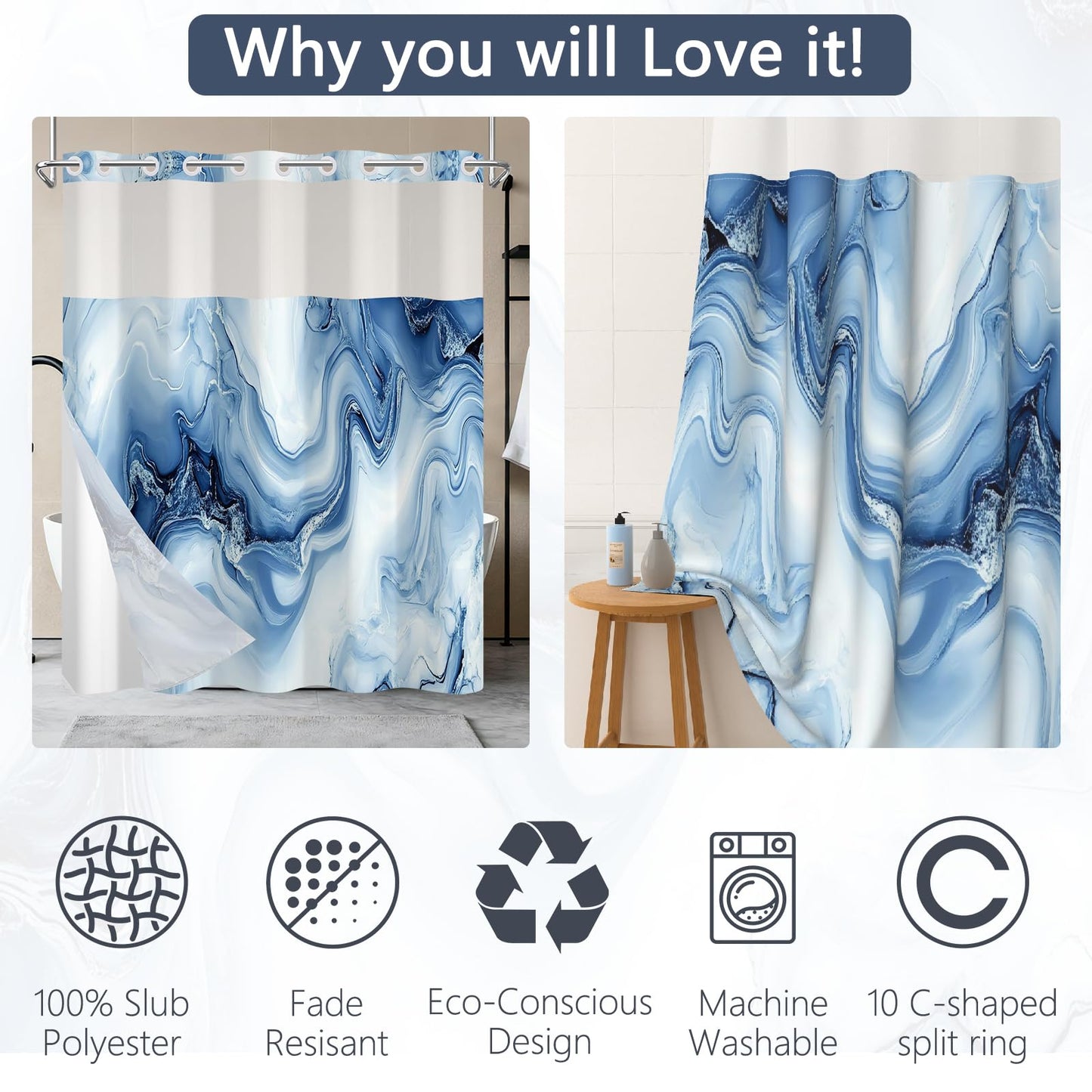 NAEMBCU No Hook Shower Curtain Set with Snap-in Liner 71x74 Inch