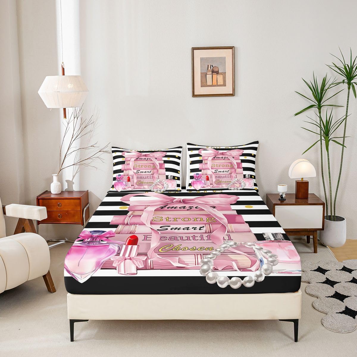 Erosebridal Pink Cute Sheet Set King Size Girly Fashion Bow Bed Sheets for Girls Teens Kids Women Modern Black and White Stripe Bedding Set Positive Quotes Books Pearl Perfume Sheets