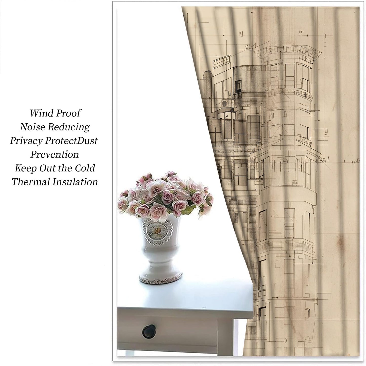XAFIAUR Retro Architecture Curtains,City Blackout Curtains Artistic Illustration Grommet Drapes 2 Panels for Bedroom Living Room 31.5" W x 63" L x2