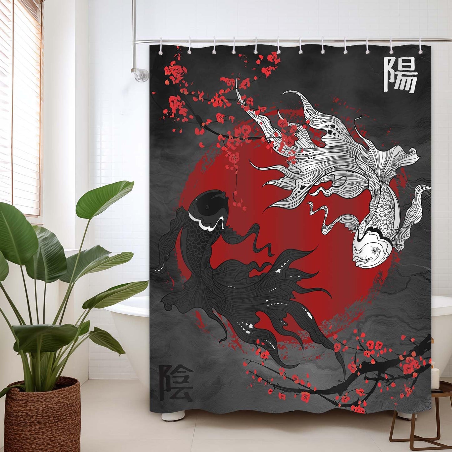 DLTAY Japanese Shower Curtain Black Red Koi Fish Yin Yang Decor 72 x 72 in