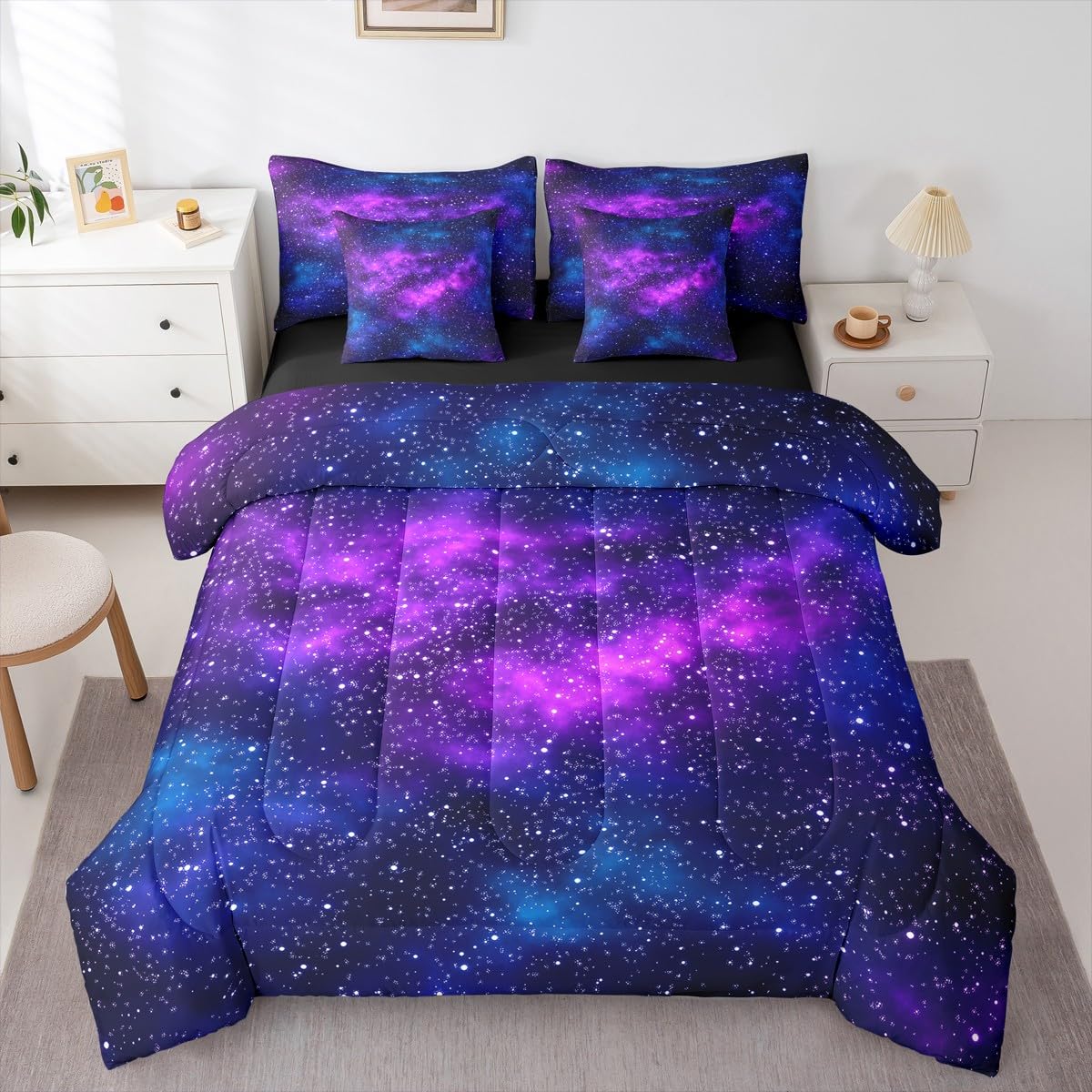 Erosebridal Purple Galaxy King Comforter Set Starry Sky 7 Pieces Bedding Mysterious Outer Space Universe Bed Set Women Men Bed in A Bag