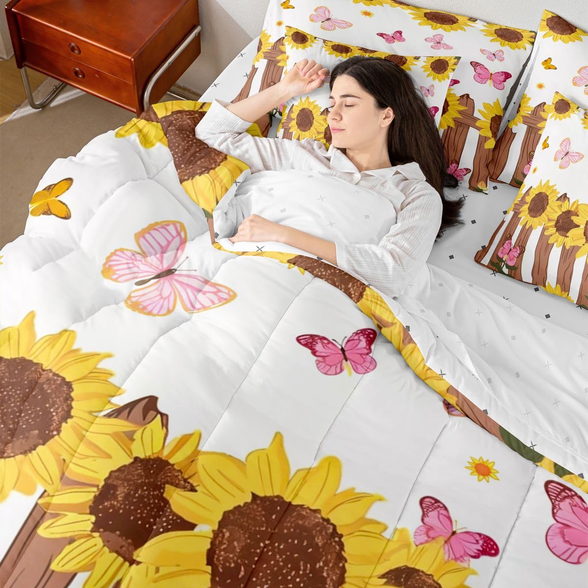 Erosebridal Sunflower 7 Piece Bedding Set Twin Butterflies Comforter Set with Sheets Cute Pink Butterfly Farmhouse Cartoon for Kids Boys Girls Yellow Petals Bud Wooden Fence Bed in a Bag