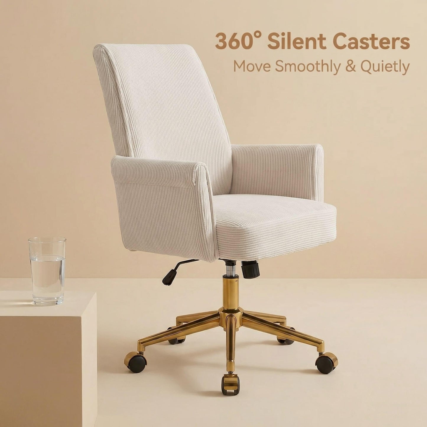 Stripes Velvet Home Office Desk Chair, Accent Upholstered Modern Height Adjustable Swivel Chair with Wheels,Ergonomic Task Chair for Living Room,Bedroom,Vanity,Study,Office（Cream）