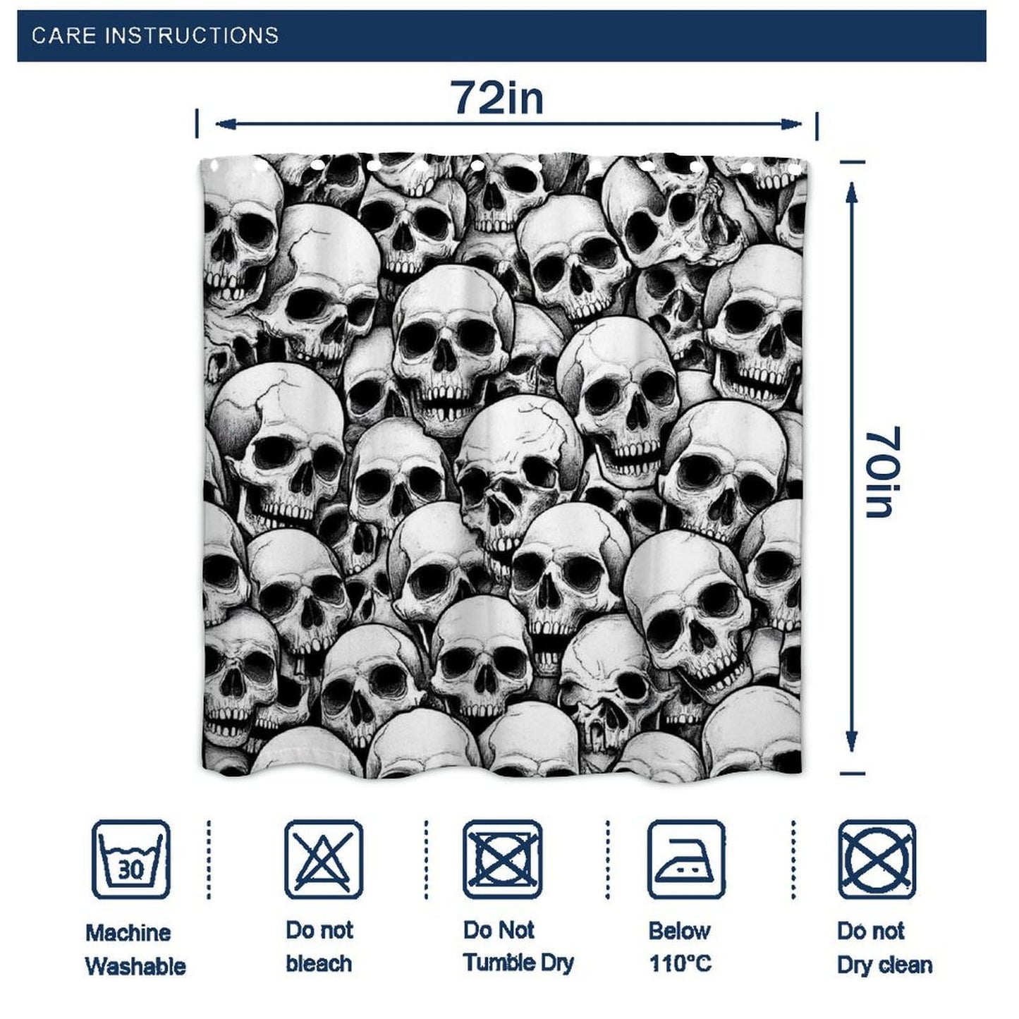 Meaudiwes Lightweight Shower Curtain Washable Shower Curtain Decoration with 12 Hooks Cool Funny Goth Skulls, 72"x 70"
