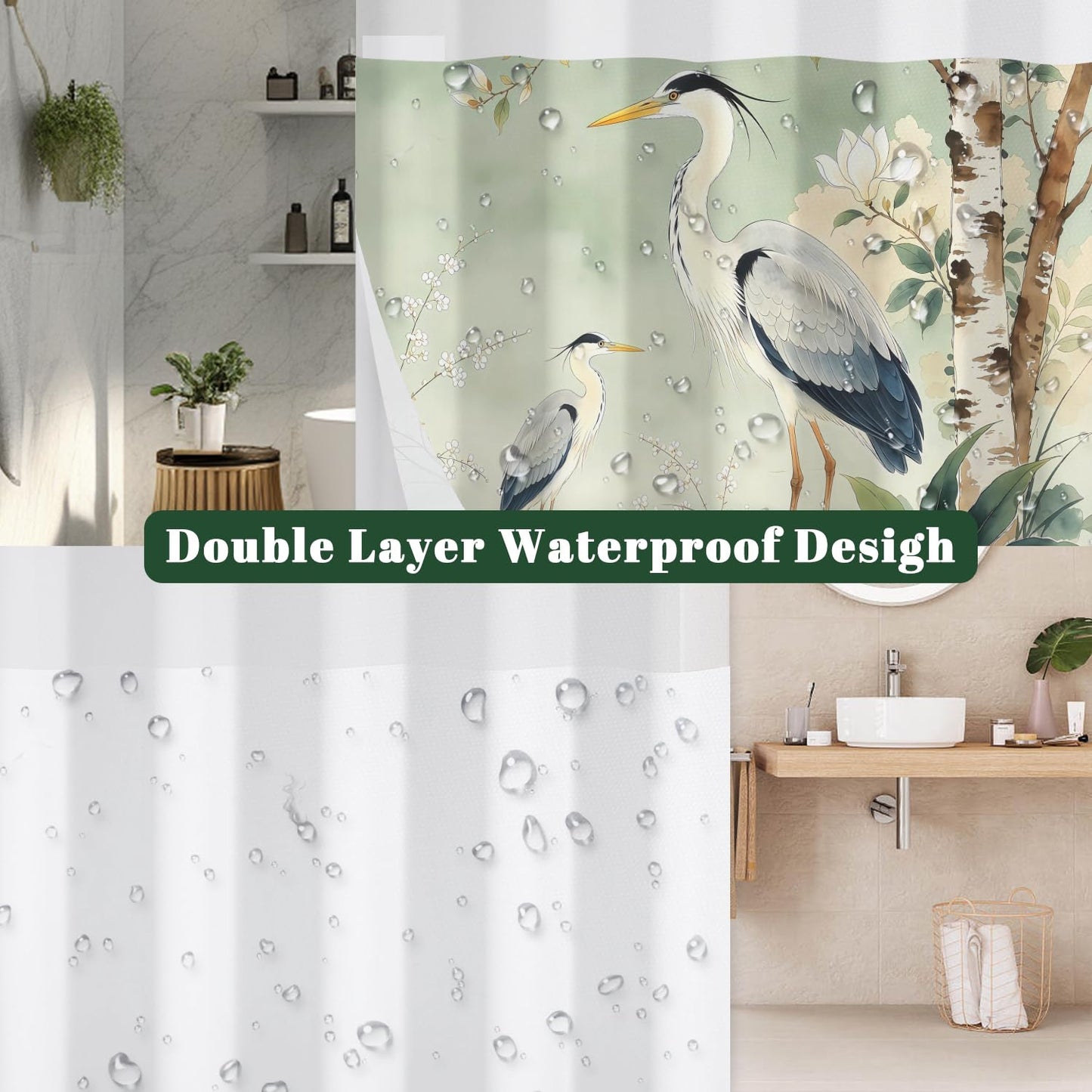 Xiazhilaio Zen Crane No Hook Shower Curtain with Snap in Liner, 71x74 Inch