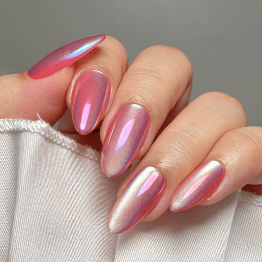 RUOKEXIN Almond Press on Nails Medium Length Fake Nails Pink Chrome False Nails with Cat Eye Designs Full Cover Nail Press ons Sparkly Artificial Nails for Women 24Pcs