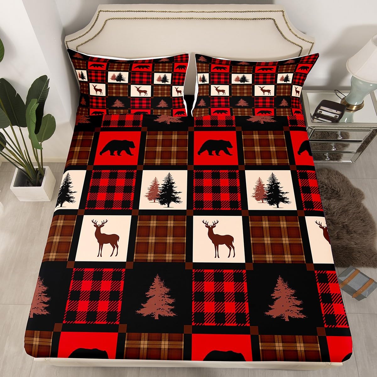 Erosebridal Rustic Deer Bed Sheets for Kids Teens Adult,Hunting Deer Patchwork Sheet Set Full,Retro Burgundy Buffalo Plaid Check Bedding,Hunting Animal Wildlife Flat Fitted Sheet with 2 Pillowcases