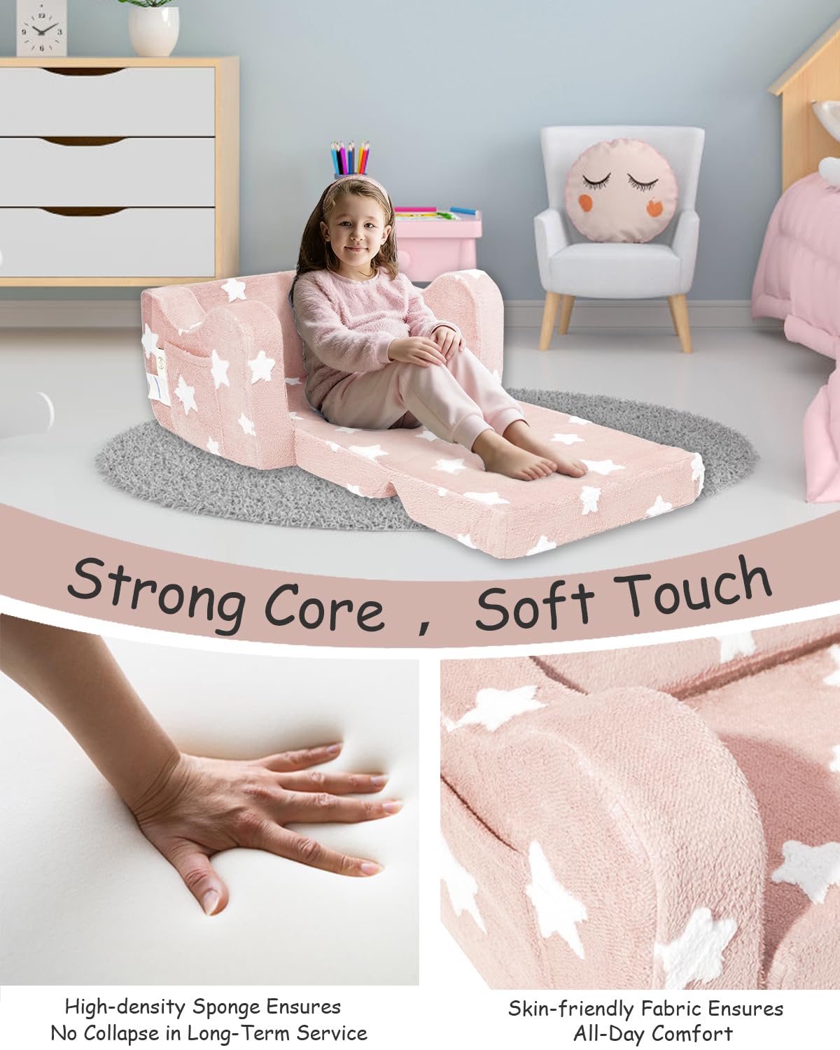 KokoSelene Toddler Couch, Kids Couch for Toddler Fold Out, 2-in-1 Convertible Kid Sofa to Lounger Bed for Girls and Boys, Ideal for Reading Sleeping Gaming Decor (Pink)