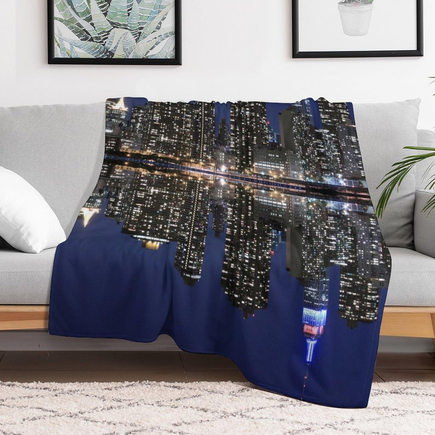 City Night Landscape Throw Blanket,New York Manhattan Cityscape Ocean Coast Scenery Pattern Soft Cozy Warm Flannel Blankets for Sofa Couch Bed Gifts for Lover Kids Boys Grils Women Adults 30x40 Inch