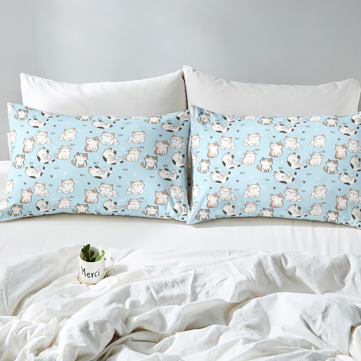 Erosebridal Kawaii Cat Sheet Sets Full, Cartoon Cat Fitted Sheet for Kids Boys Girls, Garfield Paw Print Bed Sheets, Cute Animal Kitten Flat Sheet + Love Heart Top Sheet + 2 Pillowcases, Blue