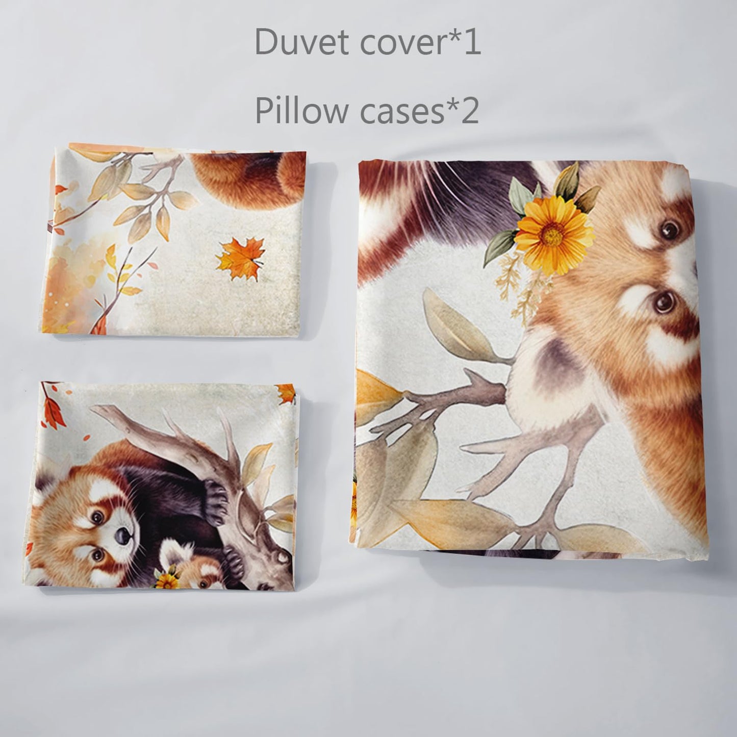 AILONEN Red Panda Duvet Cover Set Twin Size,Cute Animal Printed Bedding Set,Autumn Orange Leaves Panda Bear Kawaii Comforter Cover Set 3 Pieces, 1 Quilt Cover and 2 Pillowcases