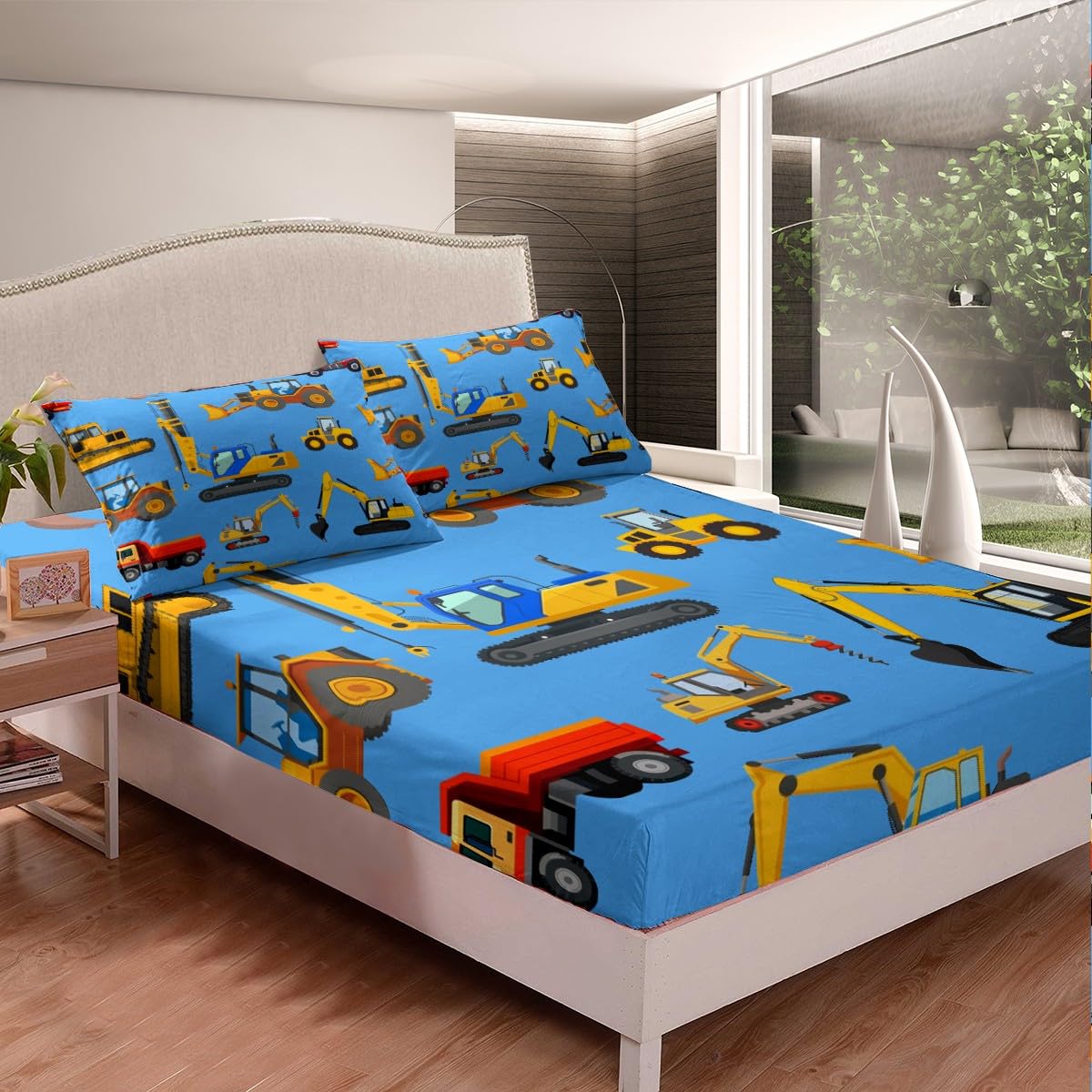 Kids Excavator Bedding Set, Construction Equipment Bed Sheets, Yellow Truck Print Fitted Sheet, Child Boys Girls Tractor Pattern Bedroom 2 Piece Bedding Set with 1 Pillow Sham, Twin Size, Blue