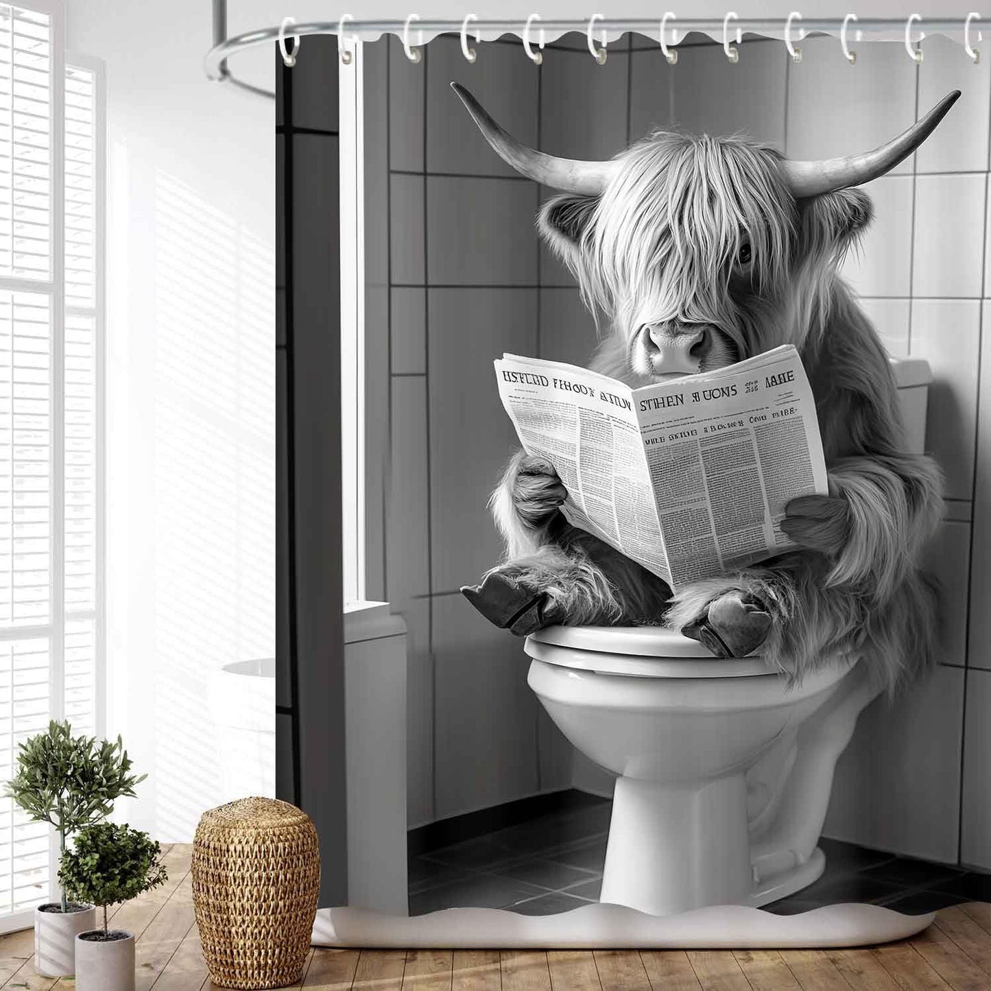 JAWO Funny Shower Curtain Farmhouse Highland Cow Country Shower Curtain Funny Shower Curtains for Bathroom Grey White Cow Sitting on The Toilet Reading a Newspaper Bathroom Decor Western Cattle 72X72