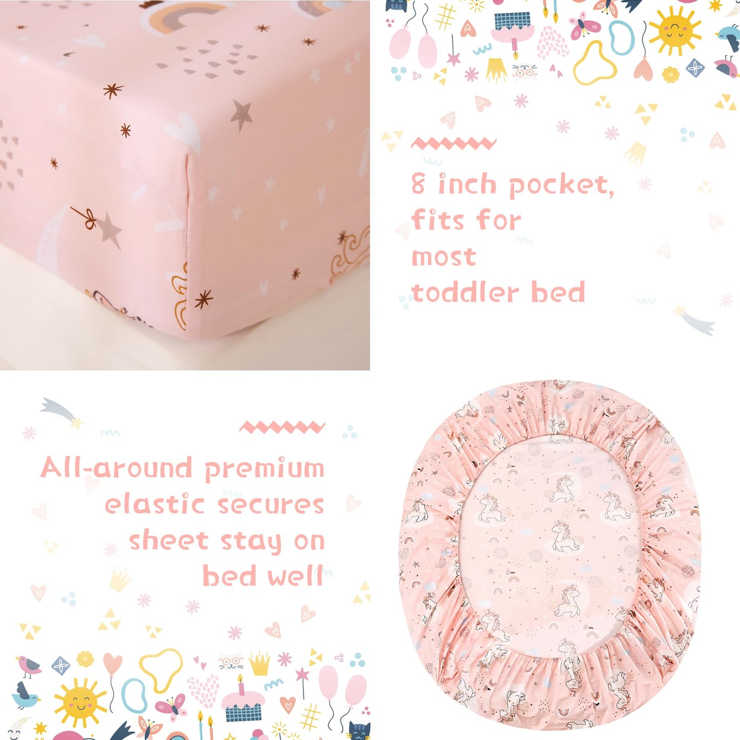 JSD Pink Unicorn Toddler Bedding Set, 4 Piece Bed-in-a-Bag Toddler Microfiber Comforter Sheet Set, Oeko-Tex Certified All Season Machine Washable