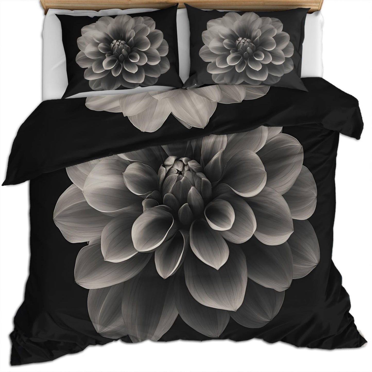 PAISUOQ Dahlia Duvet Cover Queen, Gray Floral Bedding Sets, Nordic Flowers Comforter Cover with 2 Pillowcases, 3 Pieces with Zipper & Ties, Dorm Decor & Gifts