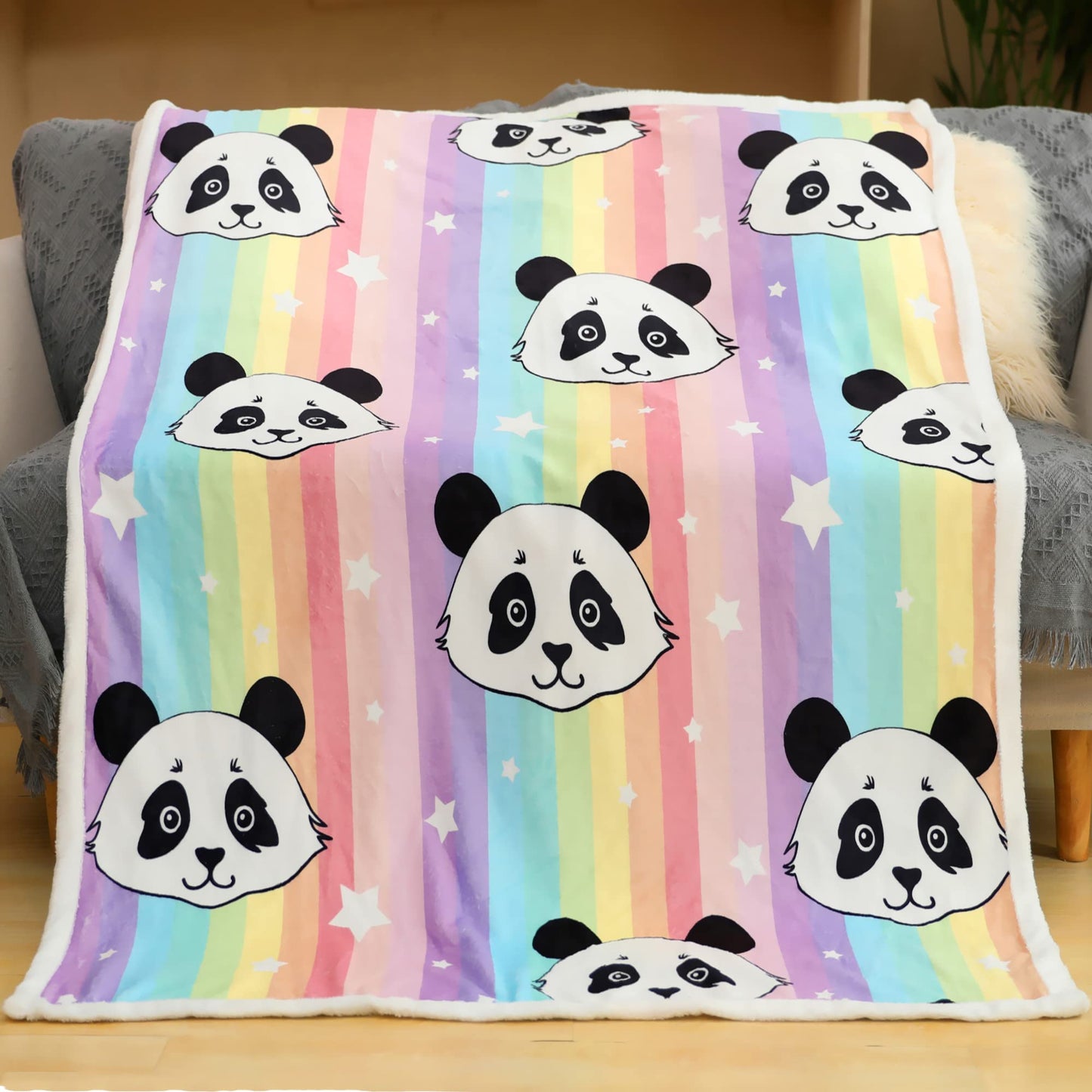 Panda Pattern Flannel Blanket - Super Soft Rainbow Cozy Throw for Girls Kids Teens, Lightweight, Cute Bedding for Home Bedroom Sofa Couch Gifts for Pandas Lover (Rainbow Panda, 50x60 Inches)
