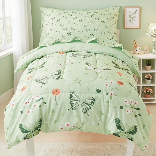 Mooreeke 4 Pieces Toddler Bedding Set - Soft Sage Green Butterfly Toddler Comforter Sets for Girls, Includes Quilted Comforter, Flat Sheet, Fitted Sheet and Pillowcase, Bed in A Bag for Baby Bedroom