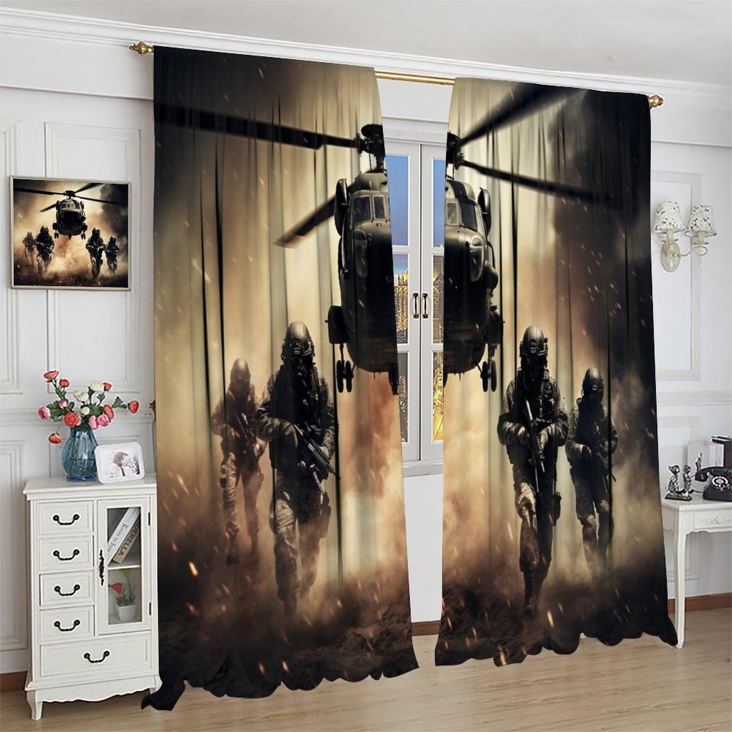 Combat Helicopters Blackout Curtains for Kids, Black Smoke Military Firearms Armed Special Forces Helicopters Window Drapes Print for Boys Adolescents Nursery Bedroom Living Room Bathroom 42x45in