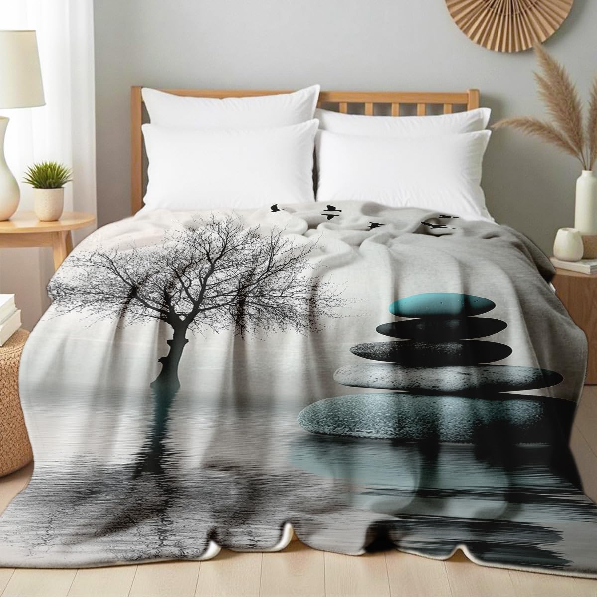 HUNXIAOJ Zen Stone Print Blanket Throw Soft Spa Zen Flannel Blanket for Home Bedding Couch Bed Yoga Room Meditation Decor Gifts (49"x59")
