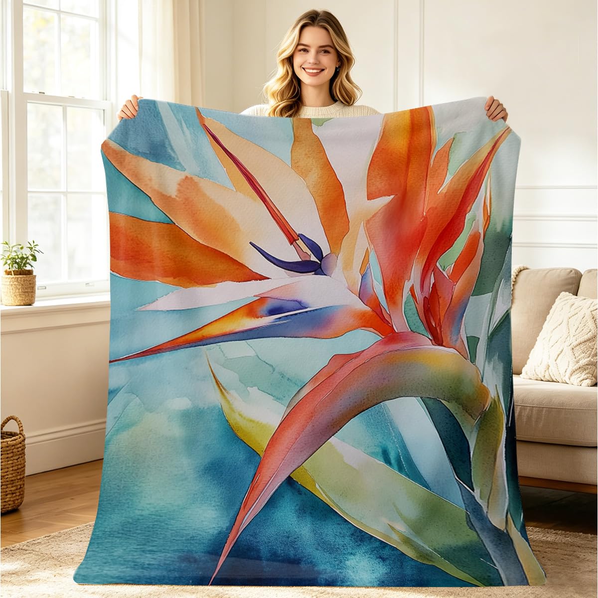HUNXIAOJ Tropical Flower Blanket Bird Paradise Blanket Tropical Floral Bird Decor Soft Cozy Flannel Jungle Floral Throw Paradise Flower Gifts for Women Girls Adults 49"x59"