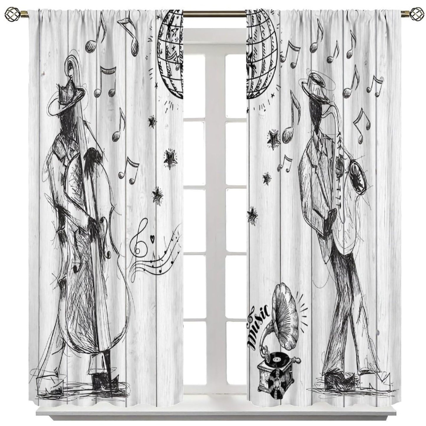 PHTAYOT Retro Music Curtains Sketch Style of a Jazz Band Playing Music with Instruments and Musical Notes Pattern Decor Drapes for Bedroom Living Room,2 Panels Set,21x45Inch