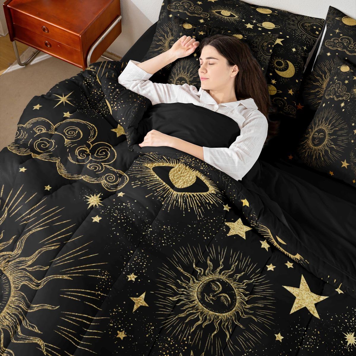 Erosebridal Sun and Moon Queen Comforter Set with Sheets | Starry Sky Series Stars 7-Piece Bedding Set Bohemian Bed in a Bag, Gold Sun Face Pattern Galaxy Cosmic Planets Bed Sets
