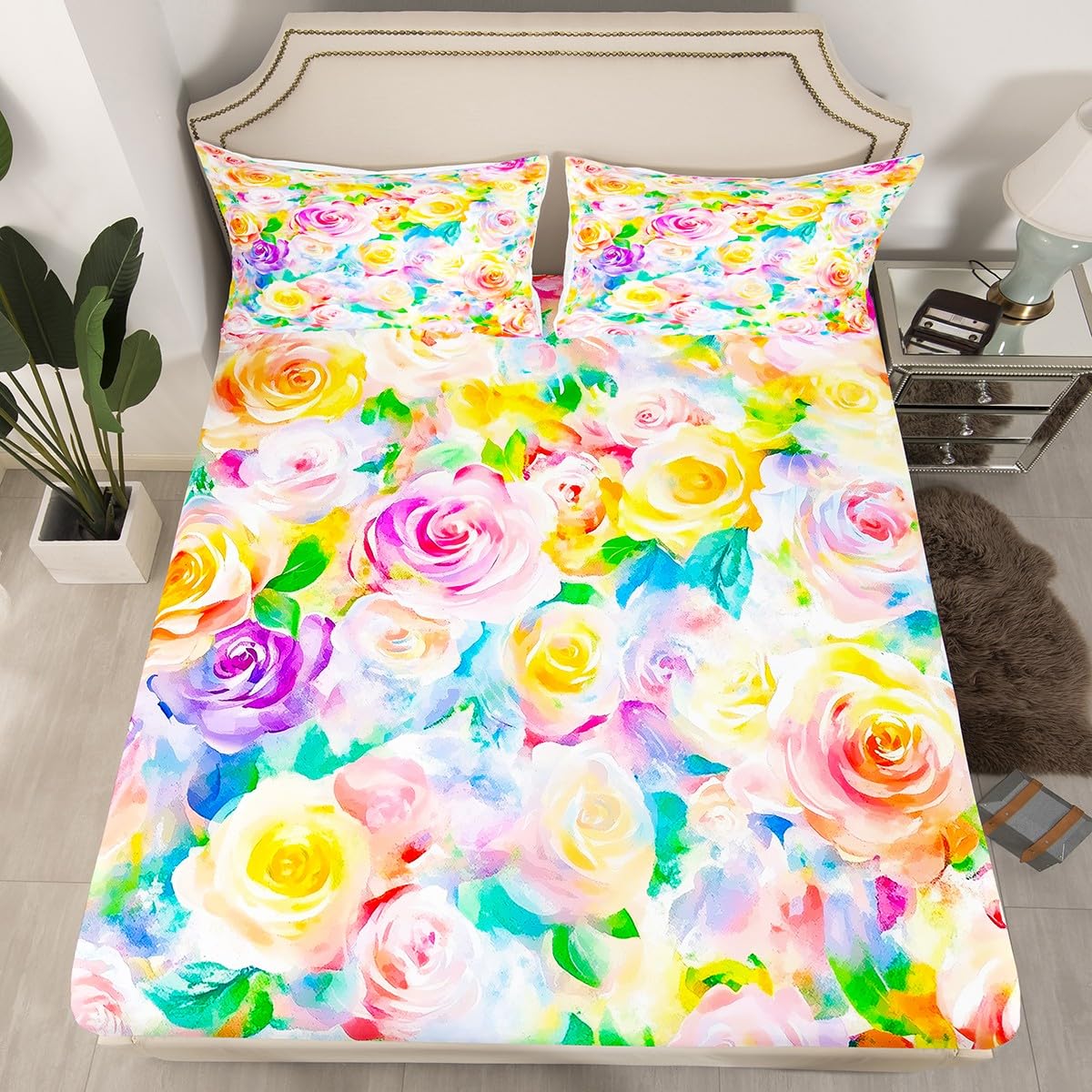 Feelyou Rose Flower Bedding Sheets Girls Women Like Full Yellow Pink Flower Bed Sheet Set Garden Flower Fitted Sheet Pretty Botanical Bed Cover 3Pcs,1 Fitted Sheet+2 Pillow Sham（No Flat Sheet）