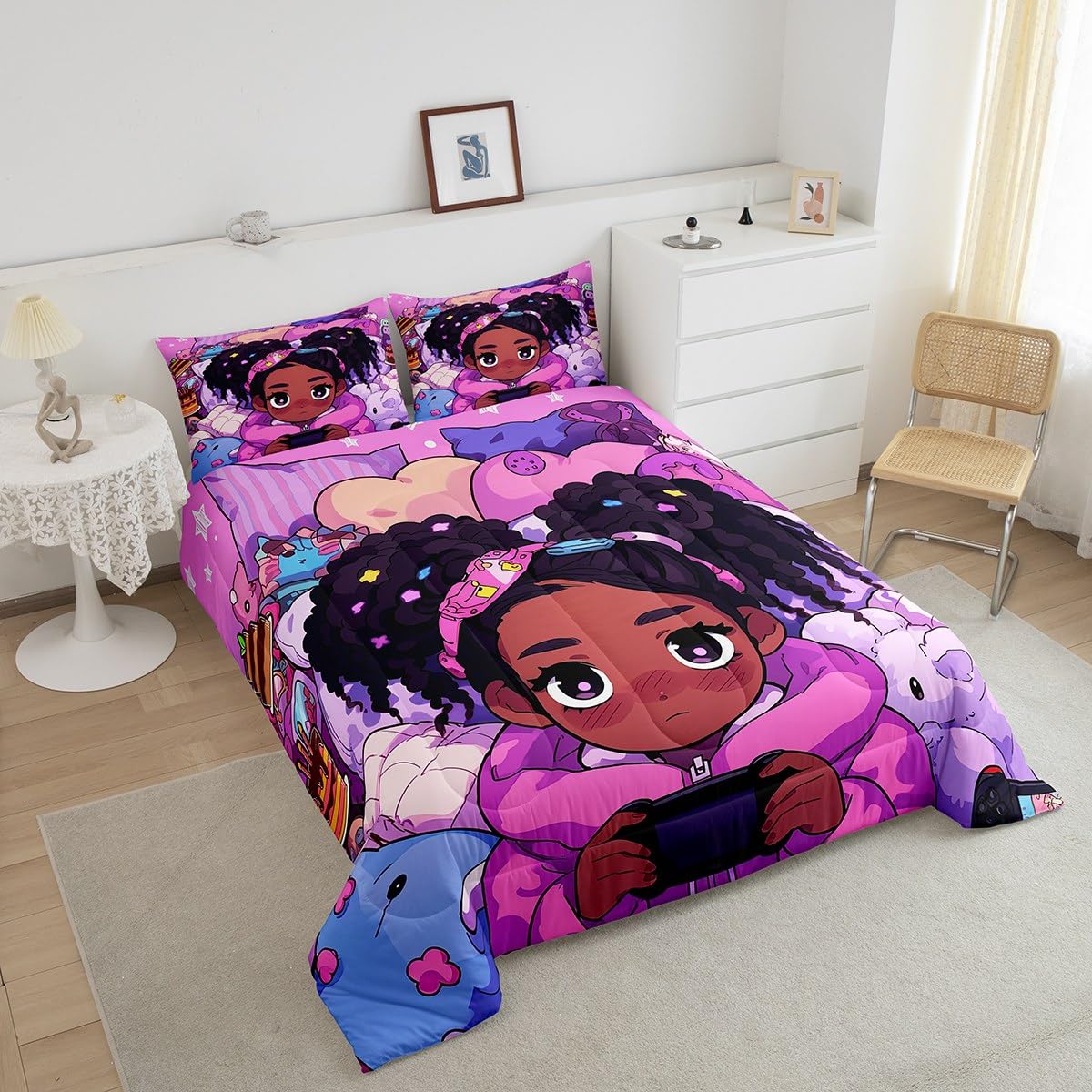 Erosebridal Black Girls Bedding Set Gaming Afro Girl Twin Comforter Set for Girls,American African Princess Magical Quilt for Toddler Kids Teenager,Cute Room Decor