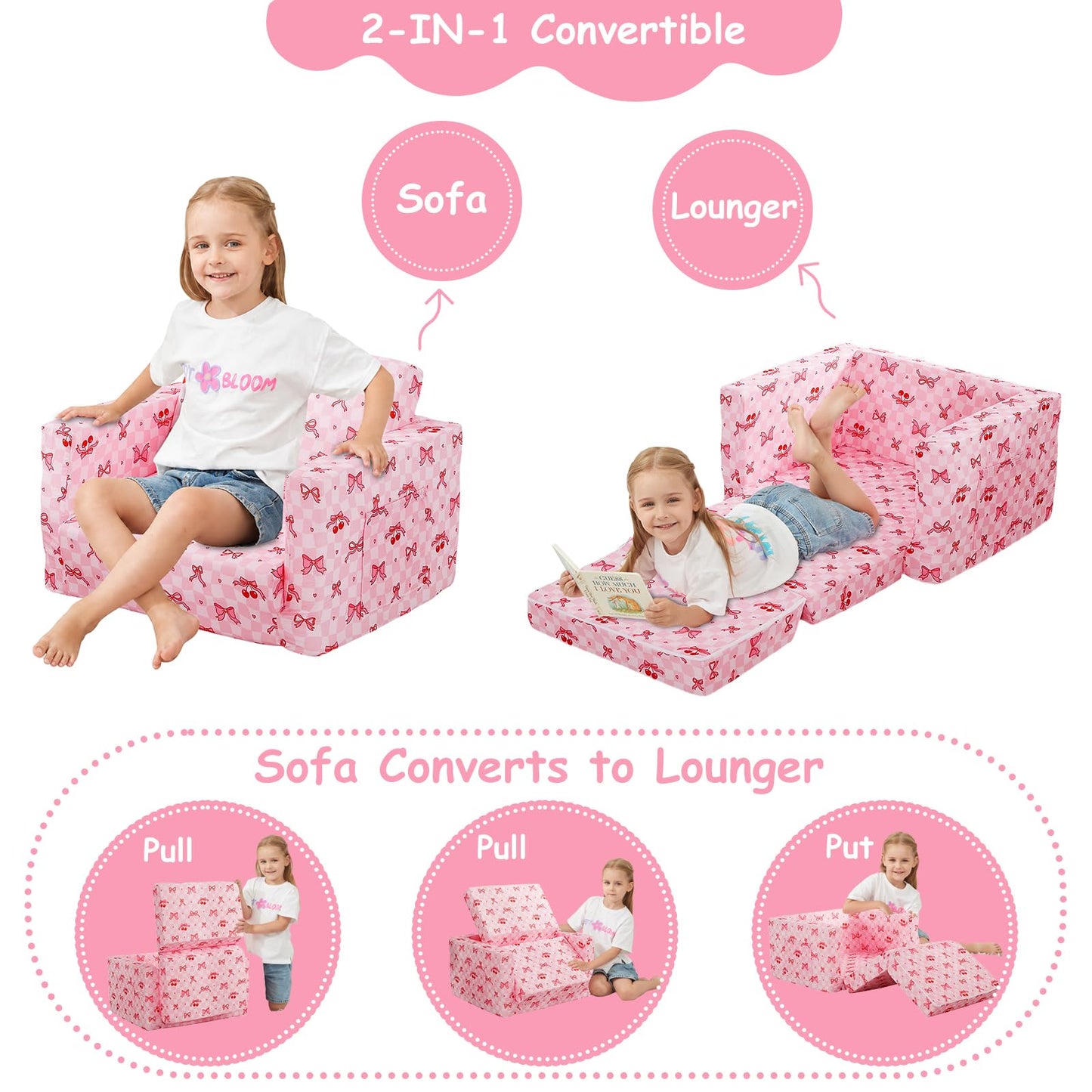Viviland Toddler Chair, 2-in-1 Kids Couch Bed, Toddler Chairs Comfy 1-3 Years Old Fold Out Convertible Soft to Lounger, Pink Checkerboard Butterfly Bow and Cherry Baby Couch