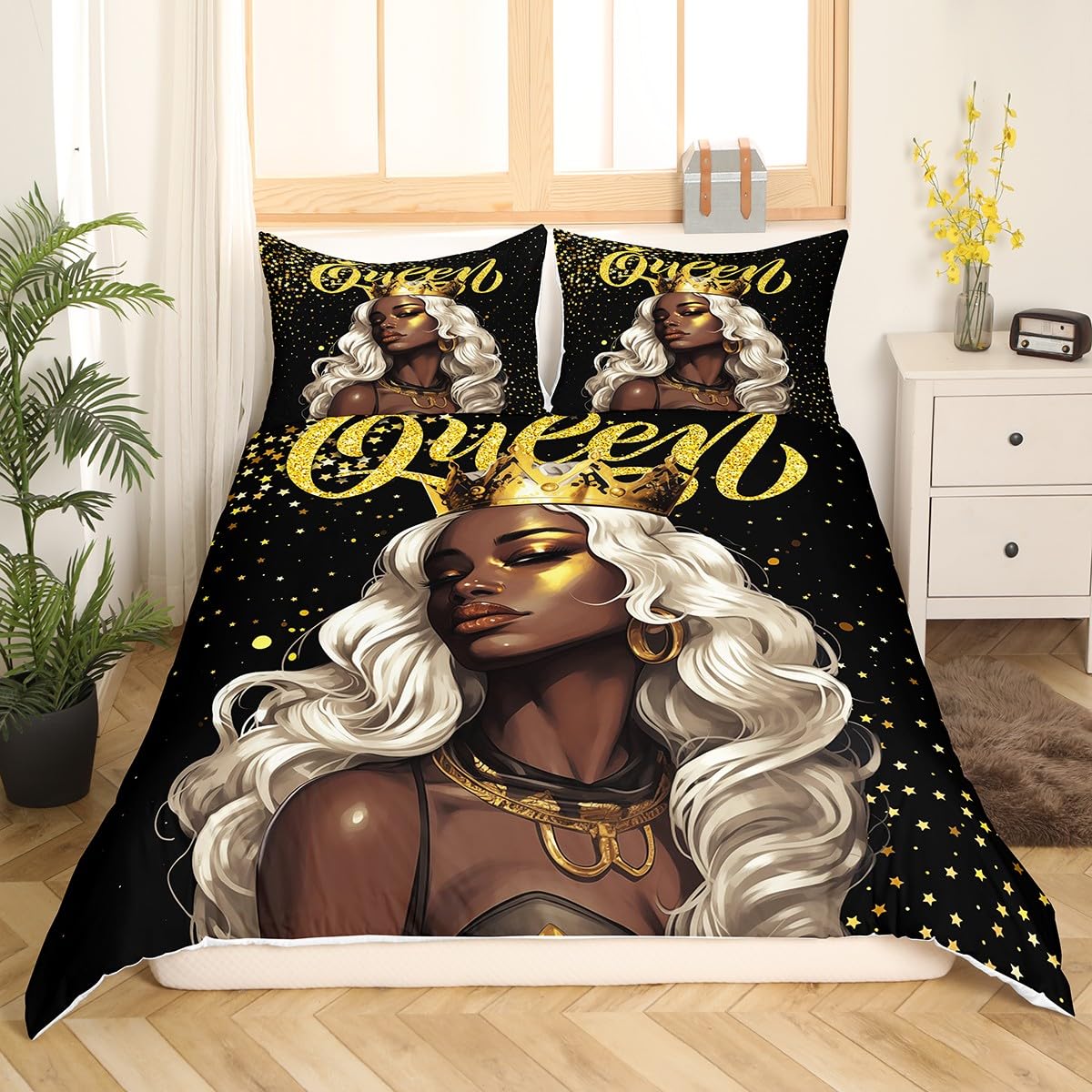 Black Woman Bedding Set Queen Size,Girls Crown Queen Golden Glitter Duvet Cover Set 3Pcs,African Style American Comforter Cover Boys Kids Teens Bedroom Decor,Fashion Beauty Quilt Cover,2 Pillowcases