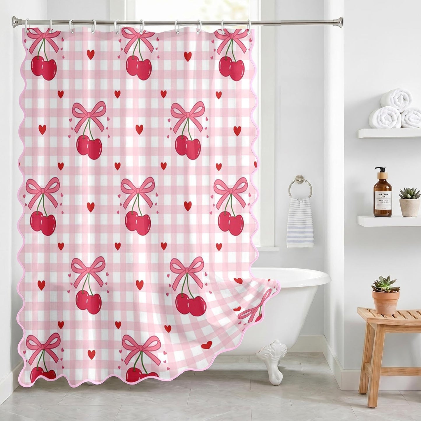 Cosovia Bow Shower Curtain with Scalloped, Pink Cherry Checkered Washable Waterproof Shower Curtains for Bathroom Decor with 12 Hooks, 72x72 Inch