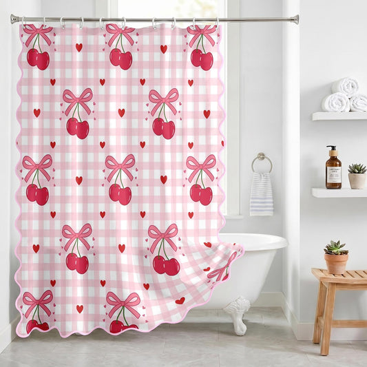 Cosovia Bow Shower Curtain with Scalloped, Pink Cherry Checkered Washable Waterproof Shower Curtains for Bathroom Decor with 12 Hooks, 72x72 Inch