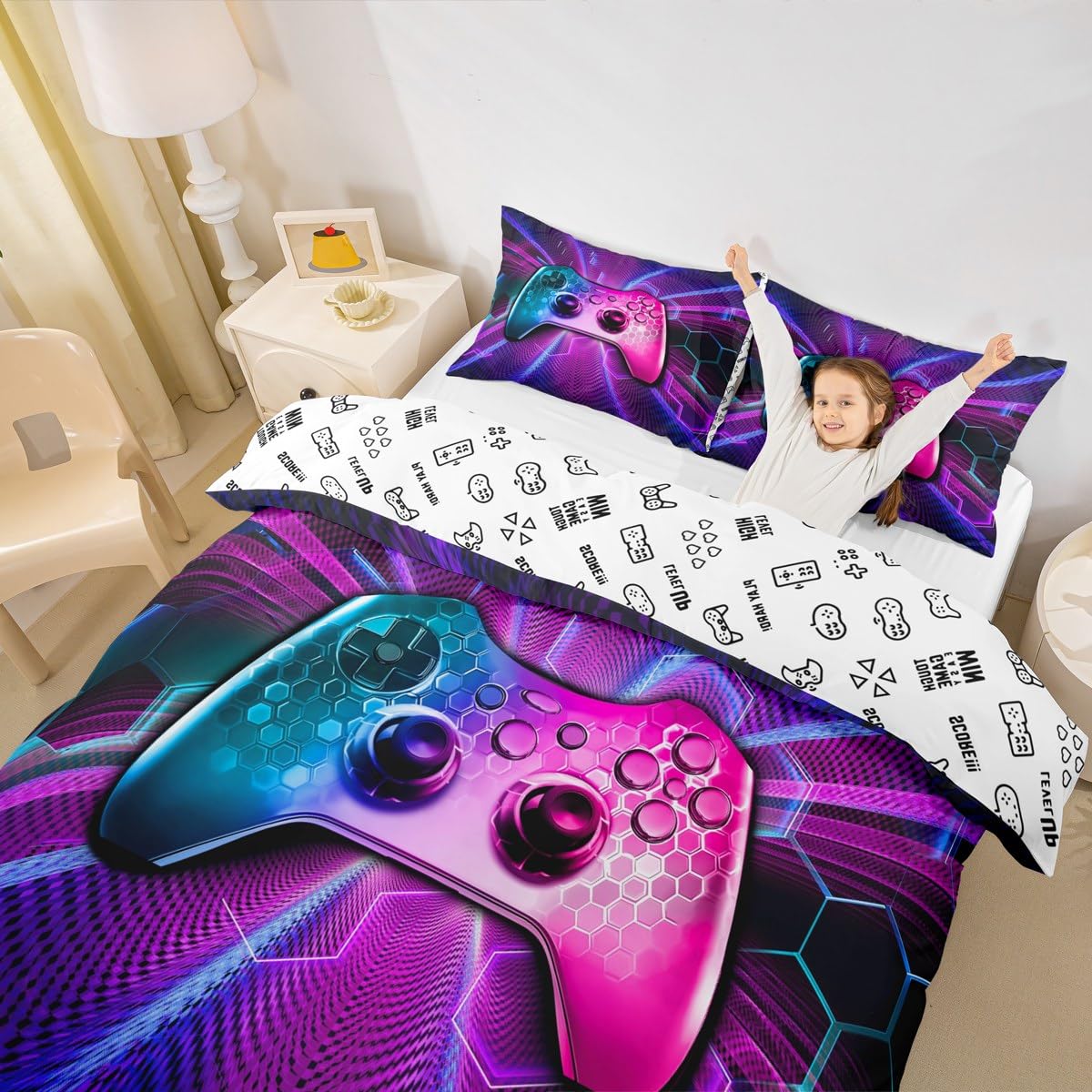 Gaming Gamepad Kids Duvet Cover Set Queen Size,Video Games Controller Fashion Bedding Set,Boys Girls Men Room Decor,Geometric Honeycomb Hexagon Comforter Cover,Blue Purple Quilt Cover,2 Pillowcases