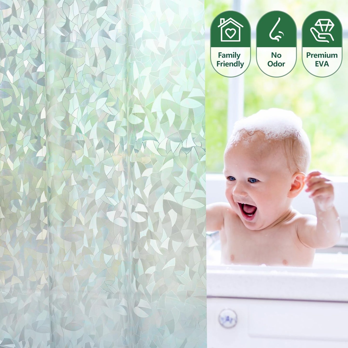 AooHome Long Shower Curtain Liner - EVA 3D Decals Stained Glass Pattern Design Bathroom Shower Curtain with Hooks, 5 Bottom Magnets, Heavy Duty, Water Repellent, Semi Transparent, 72x78 Inch