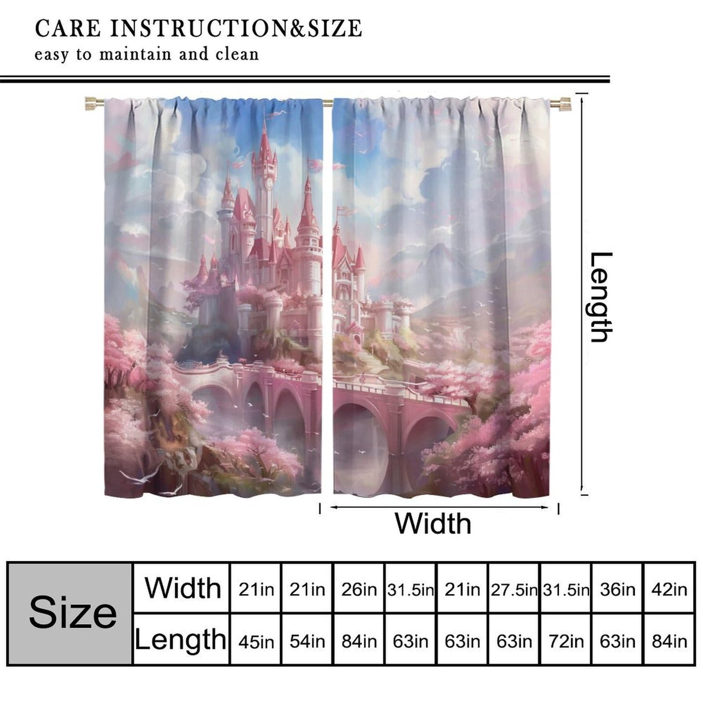 HZOHNAGO Castle Curtains Cherry Blossom Pink Dreamy Castle Birds Mountain Pattern for Girls Room Decoration Print Decor Rod Pocket Window Drapes for Bedroom Living Room 42x45in