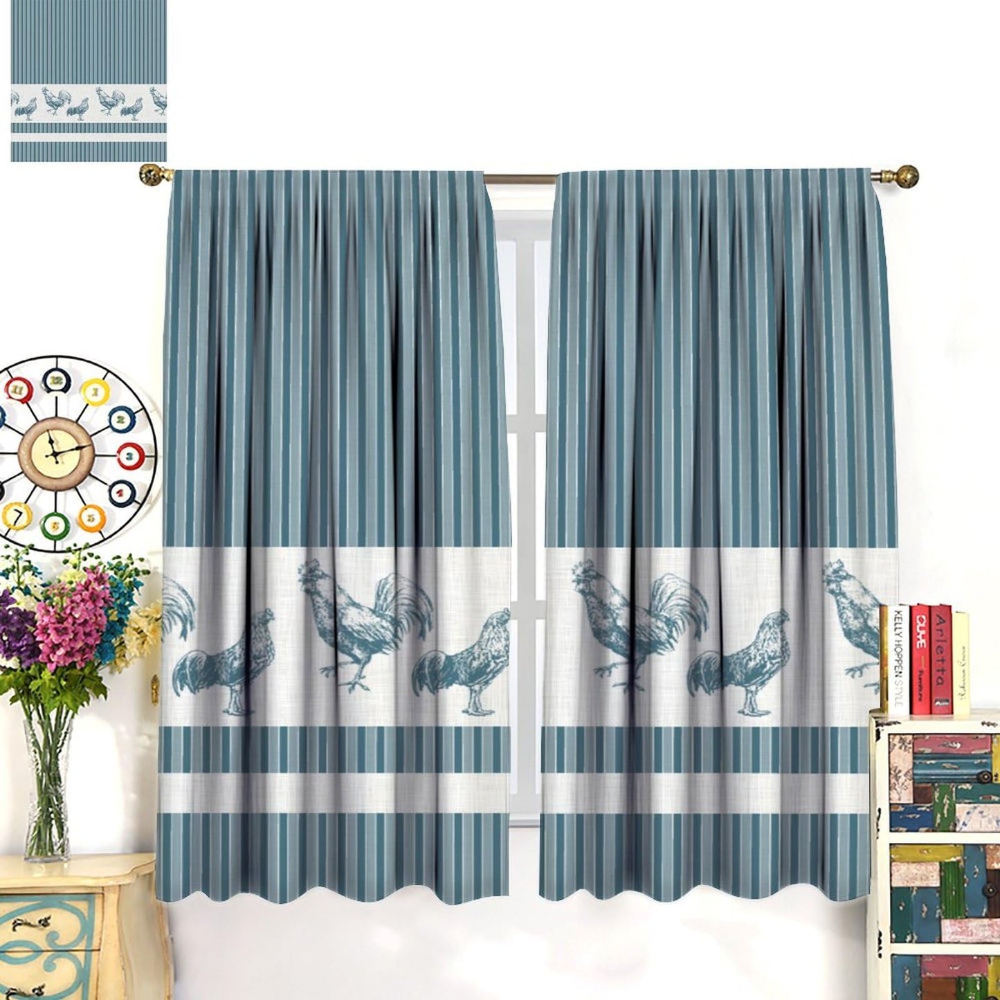 DDCBNS Chicken Kitchen Curtains,Rustic Rooster Pattern Stripe Modern Concise Design Window Treatments for Café Kitchen Rod Pocket Home Décor Drapes 2 Panel Sets Total Size 42" x 45" Blue