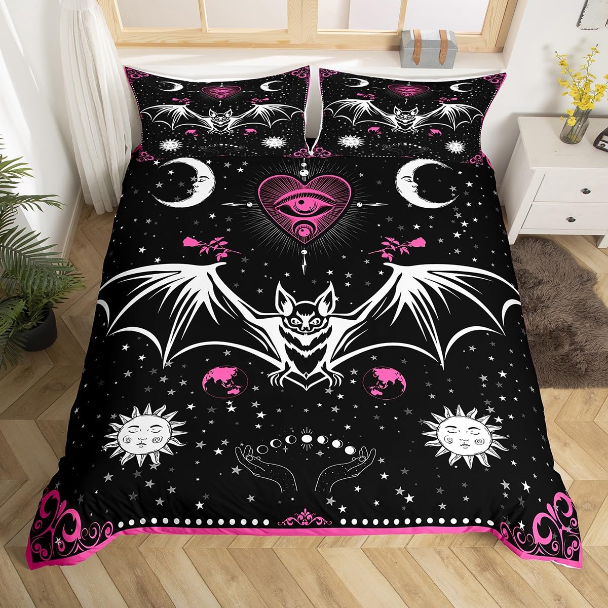 Bat Duvet Cover Set King Size Sun Moon Starry Galaxy Bedding Set Gothic Style Wild Animals Comforter Cover for Kids Boys Girls Teens Bedroom Decor Pink Floral Exotic Black White Quilt Cover 3Pcs