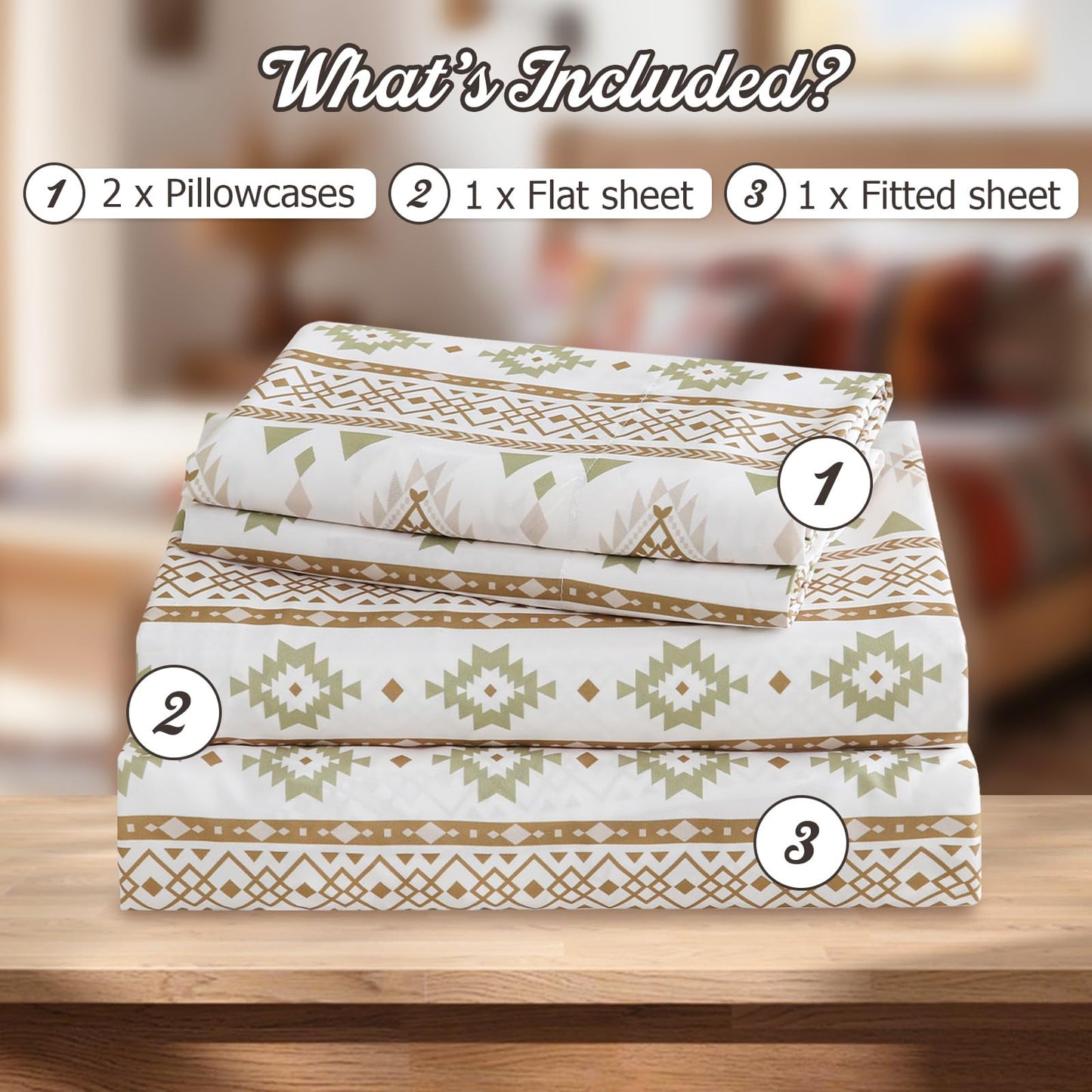 CozySmile 4 Pieces Queen Sheet Set Bohemian, Boho Sheets Soft Microfiber Deep Pocket, Western Sheets Geometric(Queen, Cream Olive Geometric)