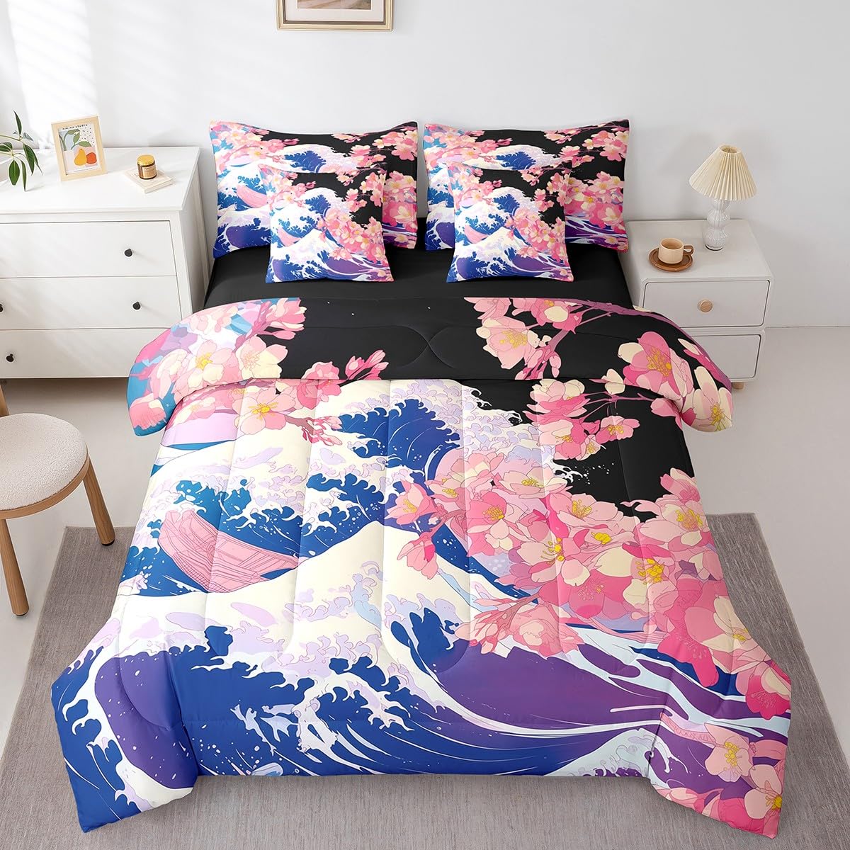 Erosebridal Japanese Ocean Waves Queen Bed Set 7 Piece,Pink Cherry Blossom Comforter Set with Sheets,Oriental Theme Aesthetic Floral Bedding Set with Fitted Sheet,Flat Sheet,Pillowcases