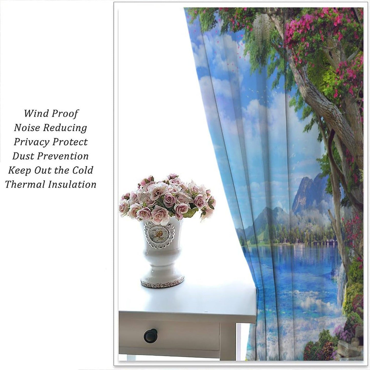 Forest Landscape Curtains, Nature Waterfall Scenery Floral River Falls Style Window Drapes, for Living Room Bedroom 42" W X 45" L (Decorative)