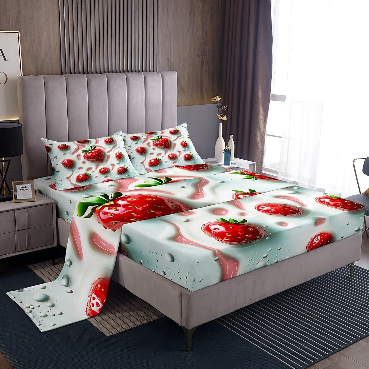 Erosebridal Strawberry Flat Fitted Sheet Kawaii Fruit Bed Set Full Cute Strawberries Bed Sheets Set for Kids Girls Adult Dessert Cream Lightweight Bedding Sets, Pink White with 2 Pillow Cases