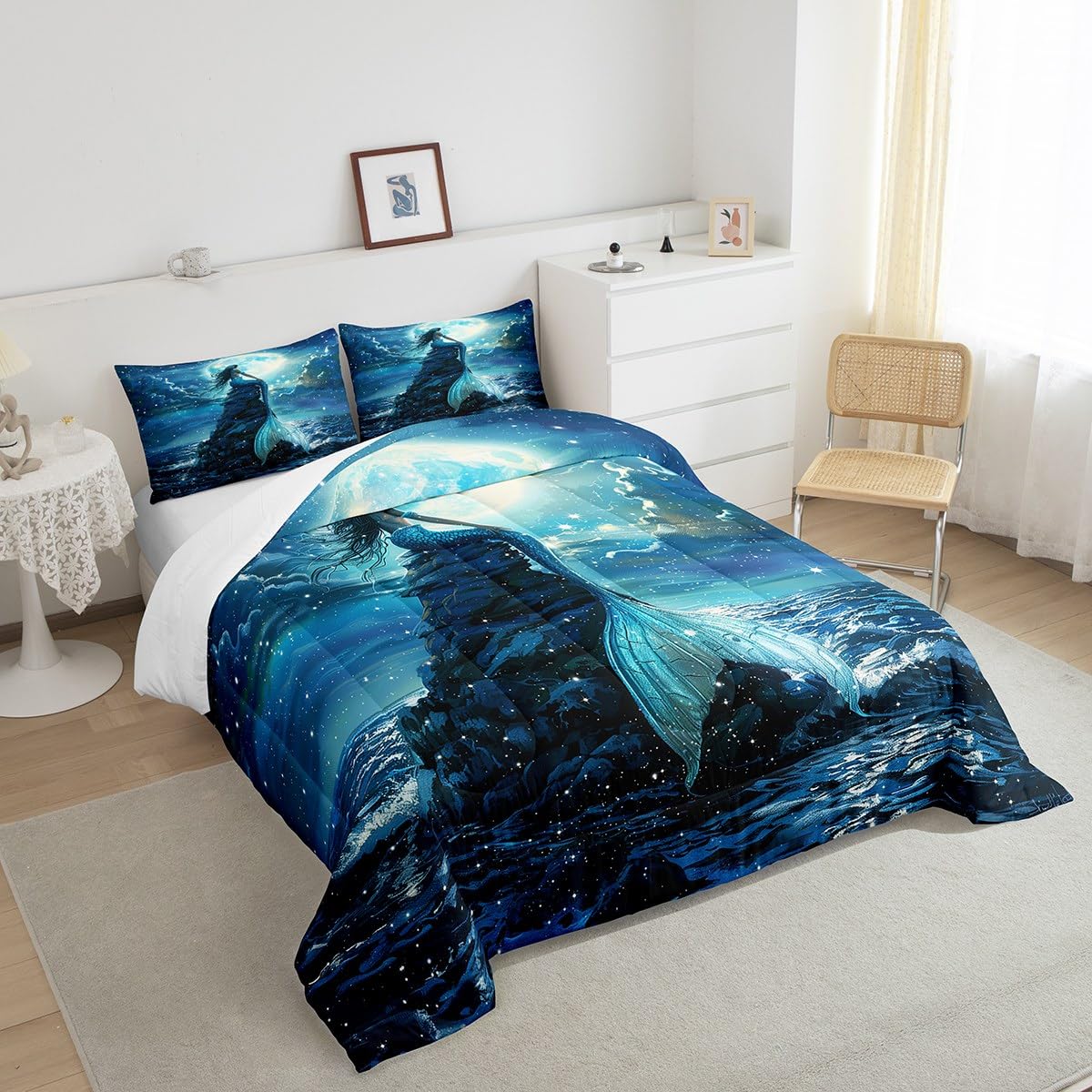 3D Mermaid Comforter Set Queen Size,Sea Moon Starry Sky Bedding Set for Kids Boys Girls Room Decor,Blue Fish Scale Fantastic Duvet Insert 3Pcs,Luxury Fashion Soft Microfiber Quilt Set,2 Pillowcases