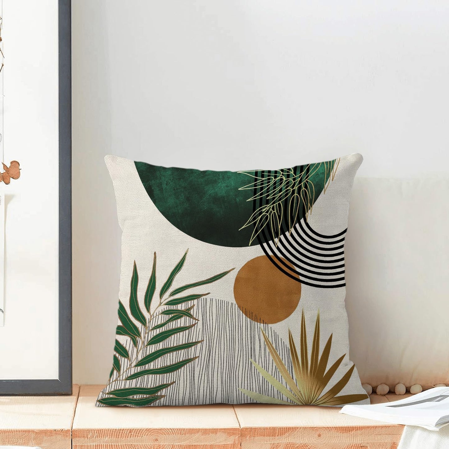 Yxuiyal Boho Pillow Covers 18x18 Set of 2 Green Gold Throw Pillow Covers Outdoor Decorations Mid Century Bohemian Style Tropical Leaves Pillowcase Farmhouse Decorative Cushion Case for Home Couch
