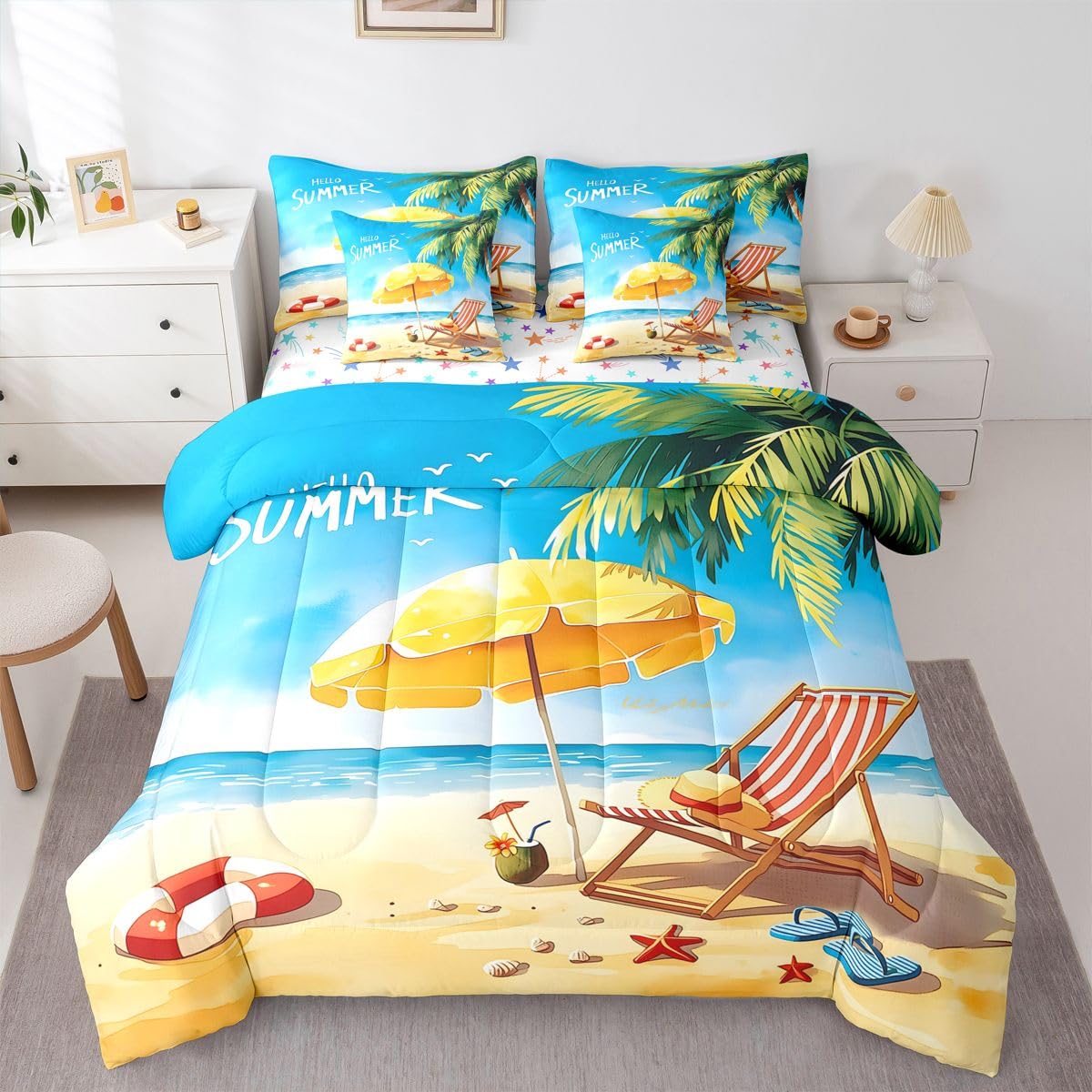Erosebridal Beach Chair Summer Queen Bedding Set Tropical Palm Tree Comforter Set Kids Adults Cartoon Seashell Starfish 7-Piece Bed in a Bag Hello Summer Seaside Vacation Quilt Sets