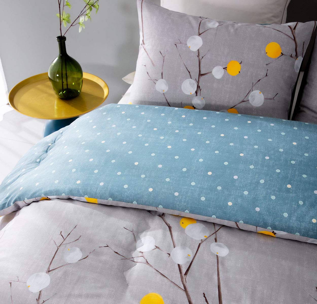 SLEEPBELLA Comforter Queen Size, 600 Thread Count Cotton Grey Branch with Yellow Turquoise Polka Dot Pattern Green Reversible Comforter Set,Down Alternative Bedding Set 3Pcs (Queen, Grey Branch)