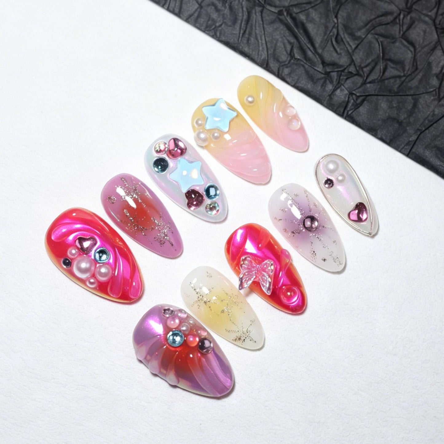 EasierGlow 10 Pcs Handmade Short Almond Press On Nails - Easy Apply & Remove, Reusable & Salon Quality | Y2K Multicolor Press Ons with 3D Butterfly, Star & Swirl Sculpted Accents(UO07, S)