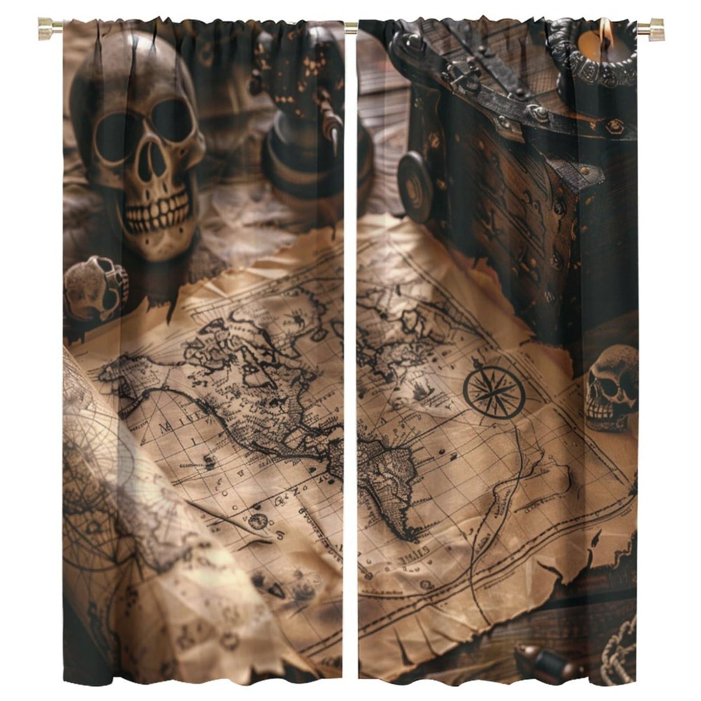 HDESDIS Mystical Pirate Treasure Blackout Curtains for Bedroom, Grommet Drapes Thermal Insulated Room Darkening Retro Skeleton Nautical Map Curtains, 21W x 45L, 2 Panels