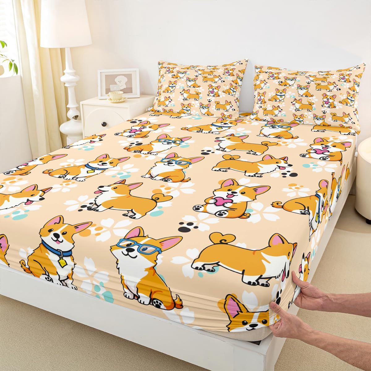 Homewish Cute Corgi Sheet Set Full,Cartoon Dog Paw Bedding Set for Kids Teens Girls Boys,Smiling Dog Kawaii Yellow Bed Sheet Set 4pcs with Deep Pocket Fitted Sheet + Flat Sheet + 2 Pillowcases