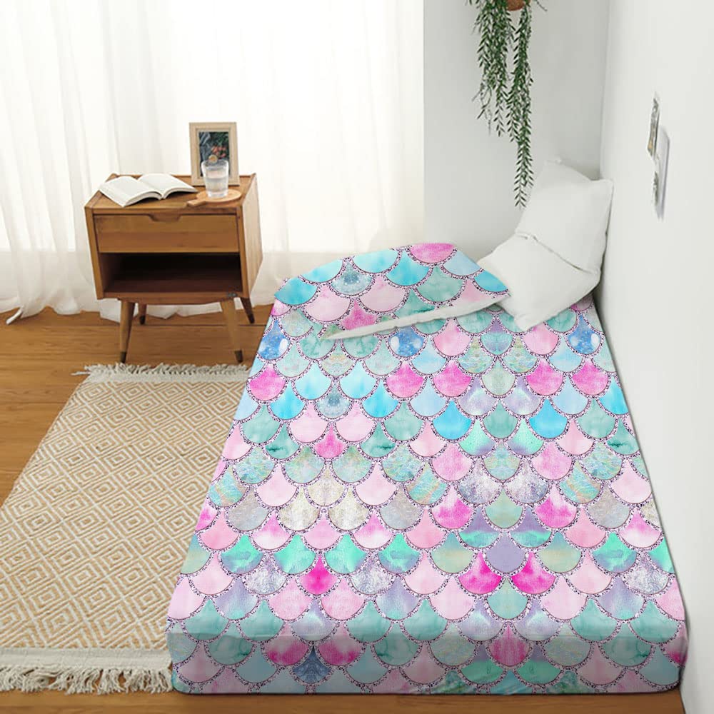 MUSOLEI Mermaid Fitted Sheet Set 3D Rainbow Scales Girls Bedding Set Girl Bed Sheets Girls Twin Sheets 1 Deep Pocket Fitted Sheet with 1 Pillowcase Wrinkle Free Cozy Microfiber (Twin)
