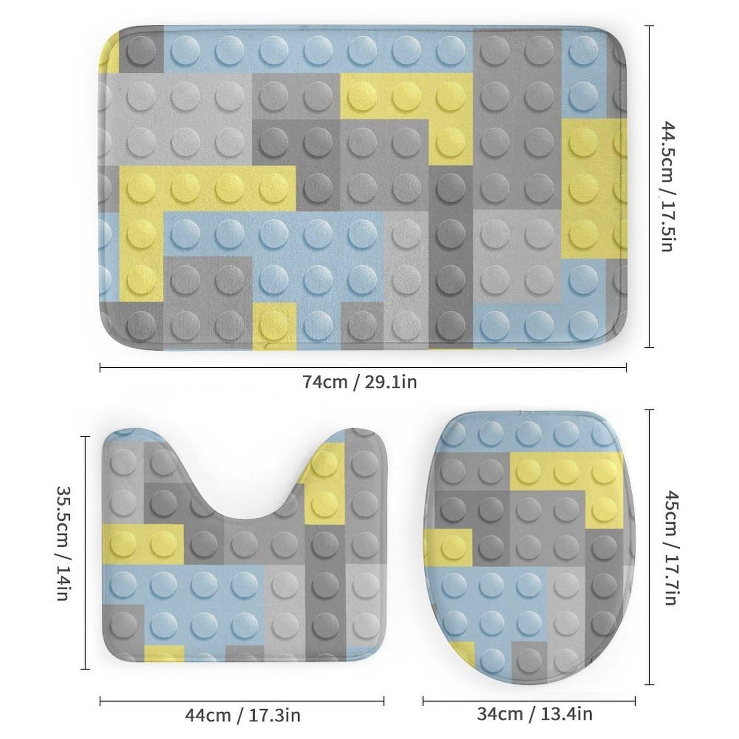 Building Blocks Bathroom Set, Funny Shower Curtain Set 4PCS with Non-Slip Rugs, Toilet Lid Cover Bath Mat and 12 Hooks